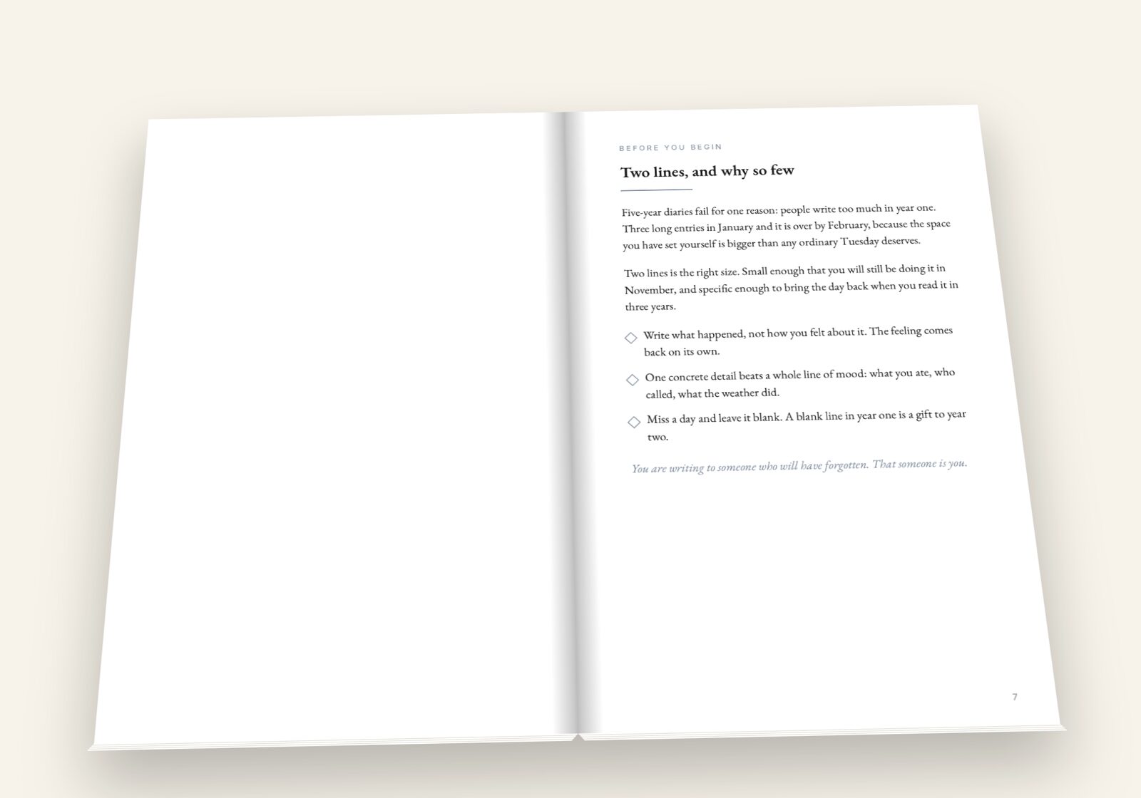 A Line a Day lying open on a table, showing a spread of the pages you fill in