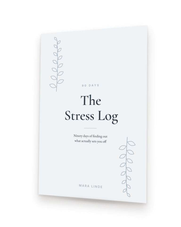 The Stress Log by Mara Linde, shown as a paperback standing at an angle