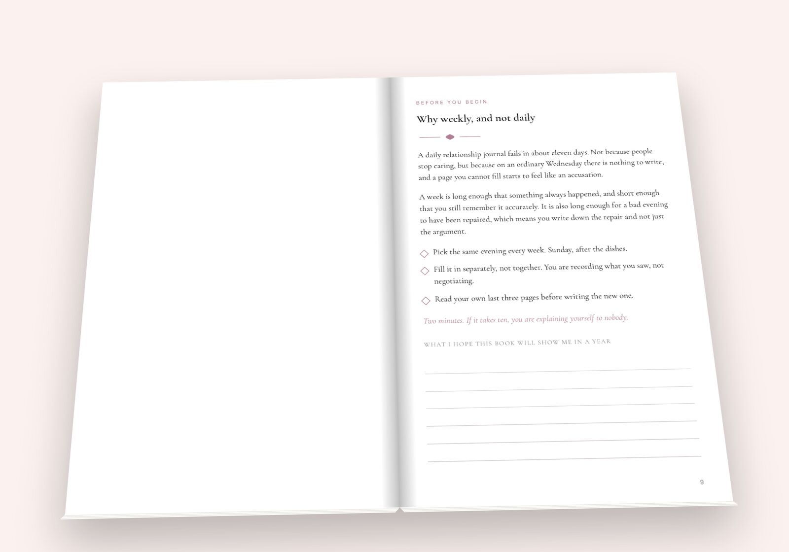 The Us Journal lying open on a table, showing a spread of the pages you fill in
